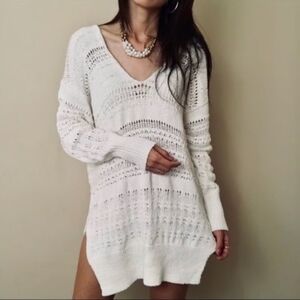 $128 Free People Crochet Tropics Pullover Tunic Sweater in White Combo XS